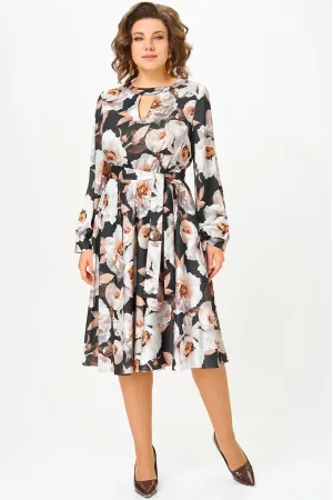 Платье Swallow 707.2 чёрный/принт «бежево-молочные пионы»