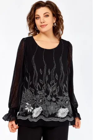Блузка Swallow 803.5 чёрный, принт белые  цветы