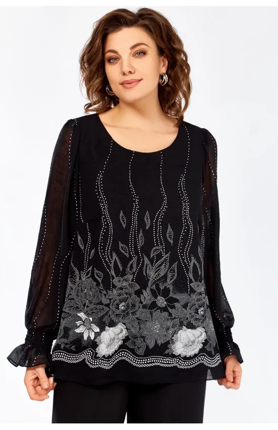 Блузка Swallow 803.5 чёрный, принт белые  цветы
