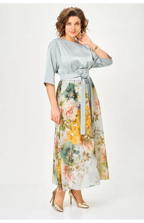 Платье Anastasia Mak 1229ш голубой+цветы