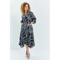 Платье Euromoda 633 черный белый + принт (волна)