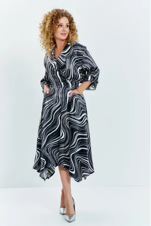 Платье Euromoda 633 черный белый + принт (волна)