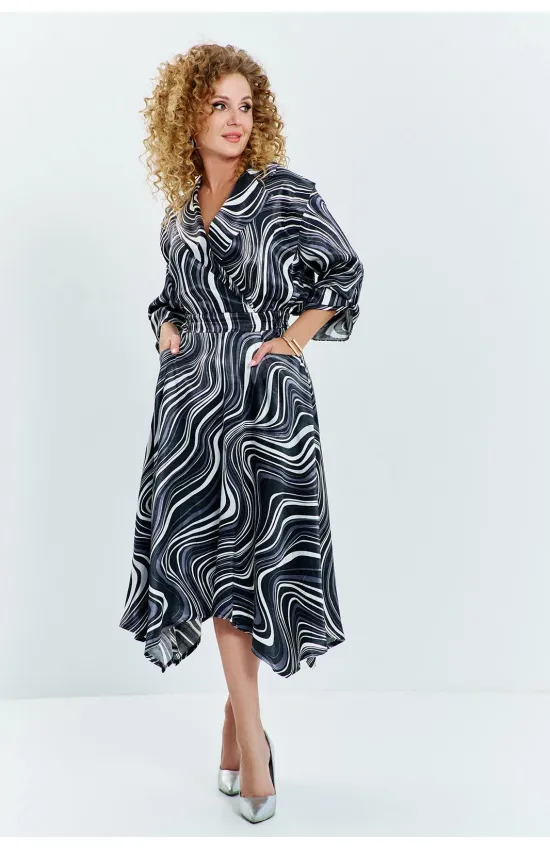 Платье Euromoda 633 черный белый + принт (волна)