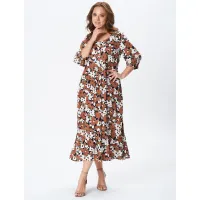 Платье Your Size 2259/170 Медно-коричневые и молочные цветы на черном
