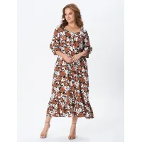 Платье Your Size 2259/170 Медно-коричневые и молочные цветы на черном
