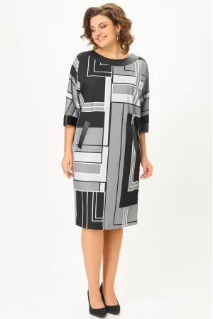 Платье Swallow 888 принт «геометрия» в чёрном, сером и молочном цветах