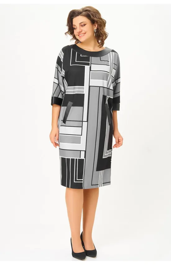 Платье Swallow 888 принт «геометрия» в чёрном, сером и молочном цветах