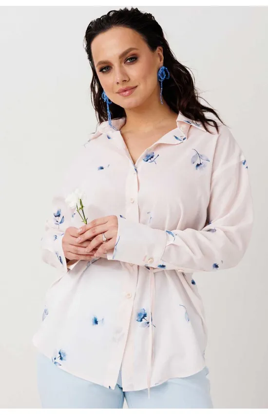 Блузка Mislana 1308 кремово-розовый, голубые цветы.