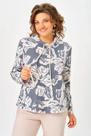 Кофта Swallow 883 дымчато-синий/принт «бежево- молочные абстрактные цветы»
