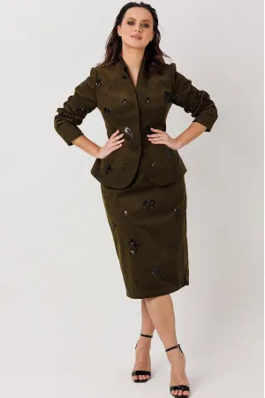 Костюм MisLana 12971 коричневый, расшитый черными пайетками, короткая юбка