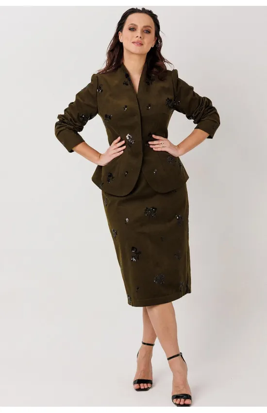 Костюм MisLana 12971 коричневый, расшитый черными пайетками, короткая юбка